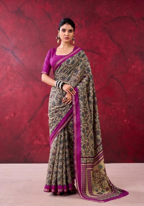 Wine Printed Cotton Saree Set