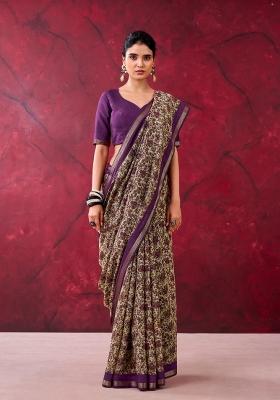 Purple Printed Cotton Saree Set