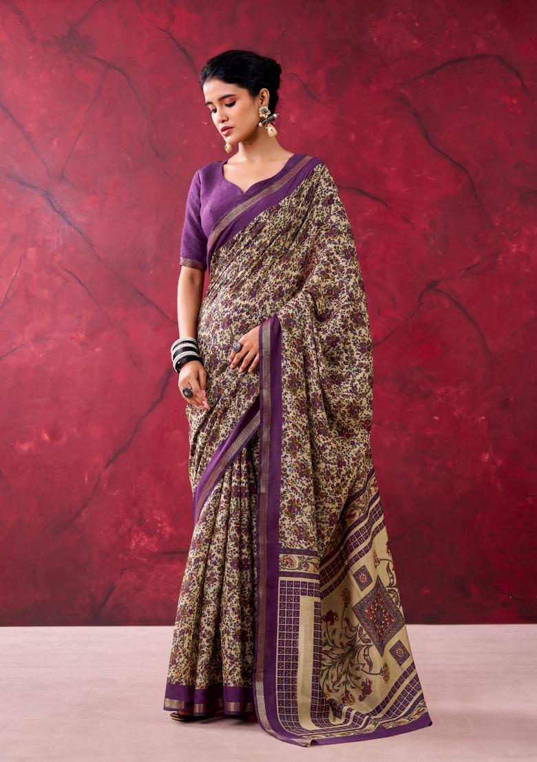 Purple Printed Cotton Saree Set - Indya