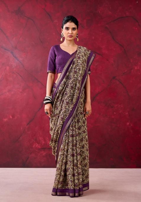 Purple Printed Cotton Saree Set