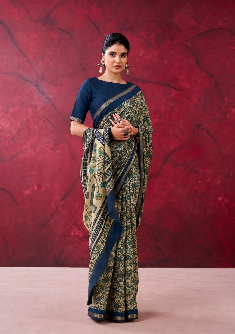Blue Printed Cotton Saree Set - Indya