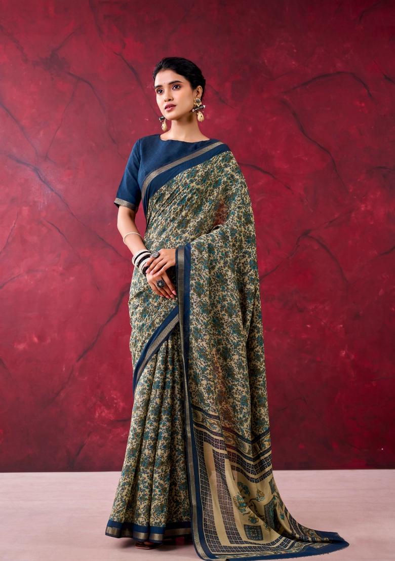 Blue Printed Cotton Saree Set - Indya