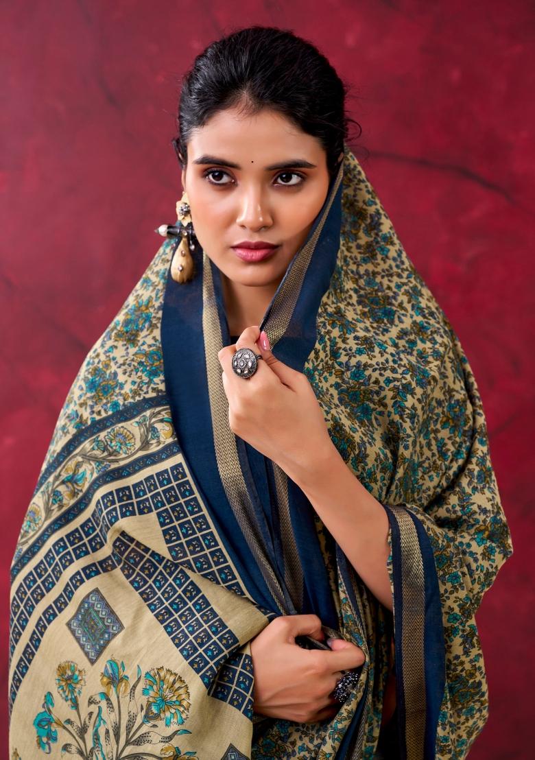 Blue Printed Cotton Saree Set - Indya