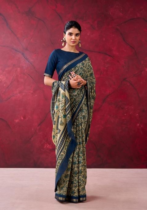 Blue Printed Cotton Saree Set — view on Indya