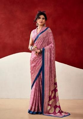 Pink Printed Satin Saree Set