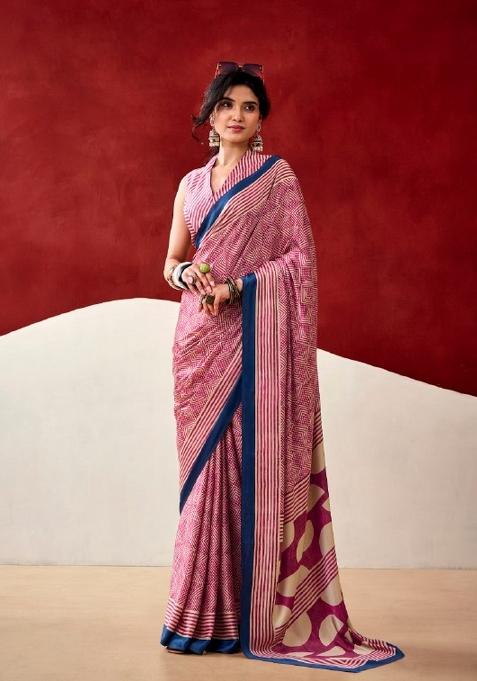 Pink Printed Satin Saree Set