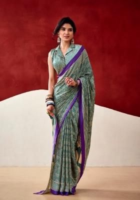 Green Printed Satin Saree Set