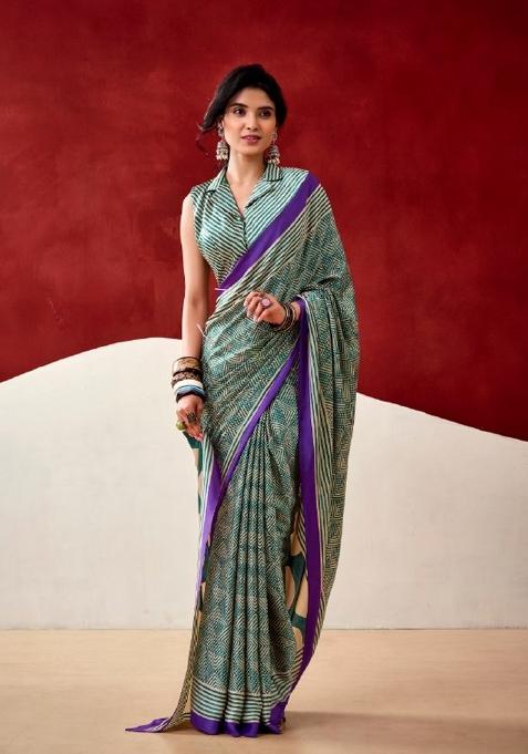 Green Printed Satin Saree Set