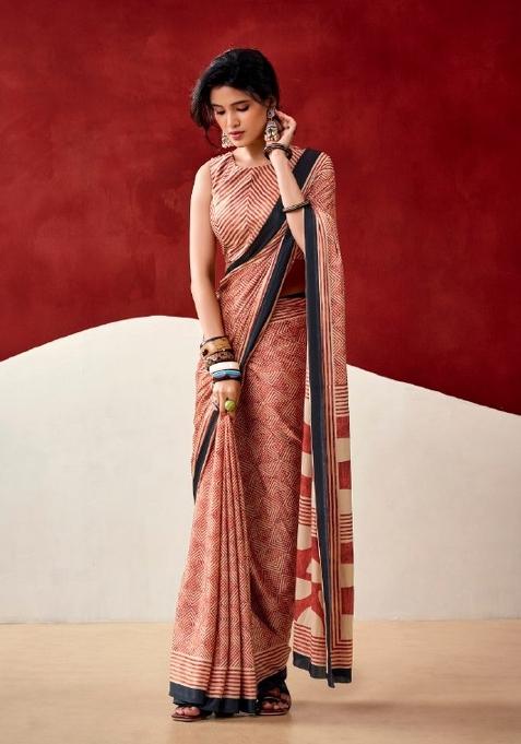 Orange Printed Satin Saree Set