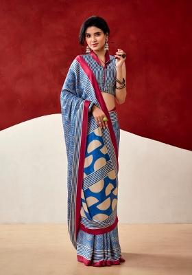Blue Printed Satin Saree Set