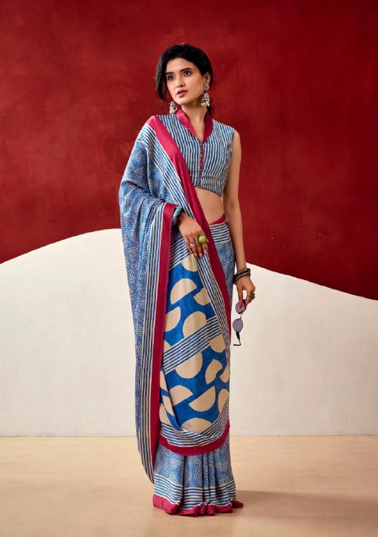 Blue Printed Satin Saree Set - Indya