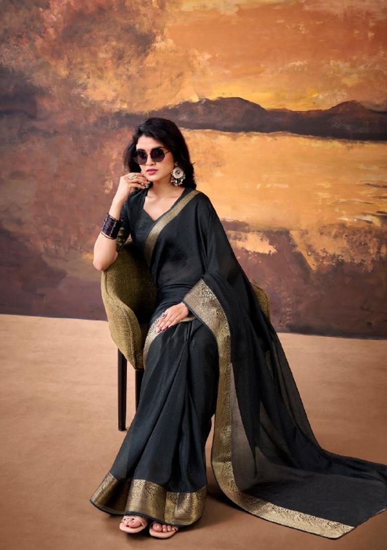 Black Zari Work Mass Mello Saree Set - Indya