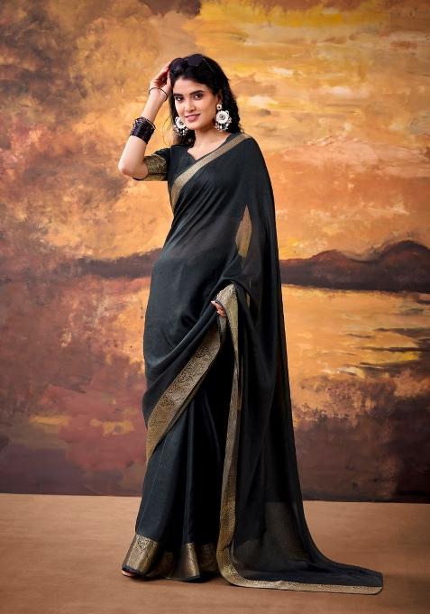 Black Zari Work Mass Mello Saree Set — view on Indya