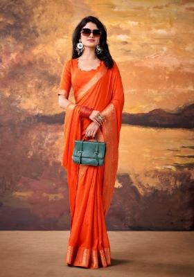 Orange Zari Work Mass Mello Saree Set