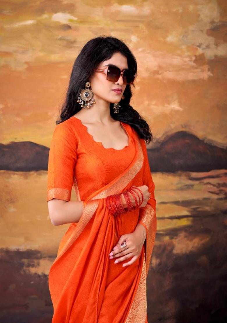 Orange Zari Work Mass Mello Saree Set - Indya
