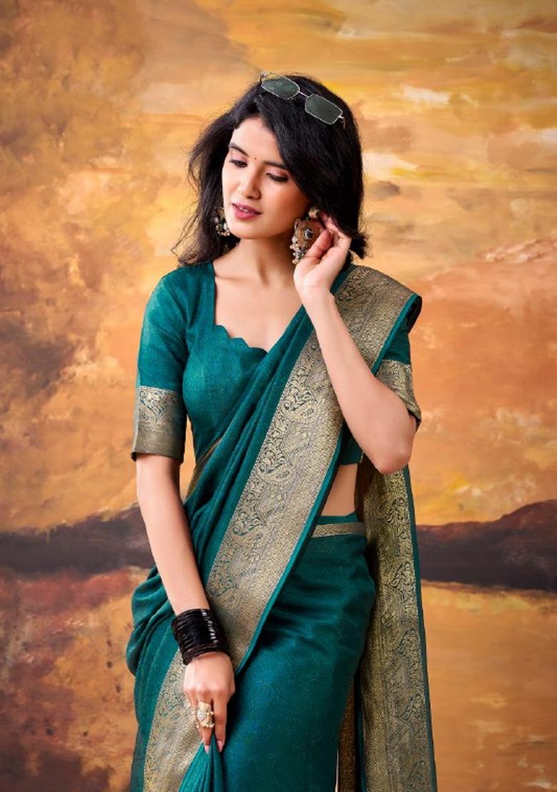 Teal Zari Work Mass Mello Saree Set - Indya