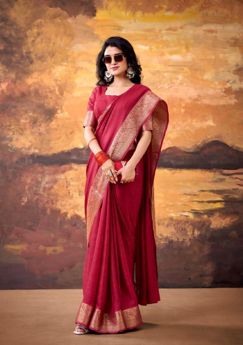 Maroon Zari Work Mass Mello Saree Set - Indya