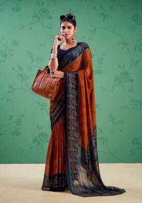 Orange Printed Silk Saree Set