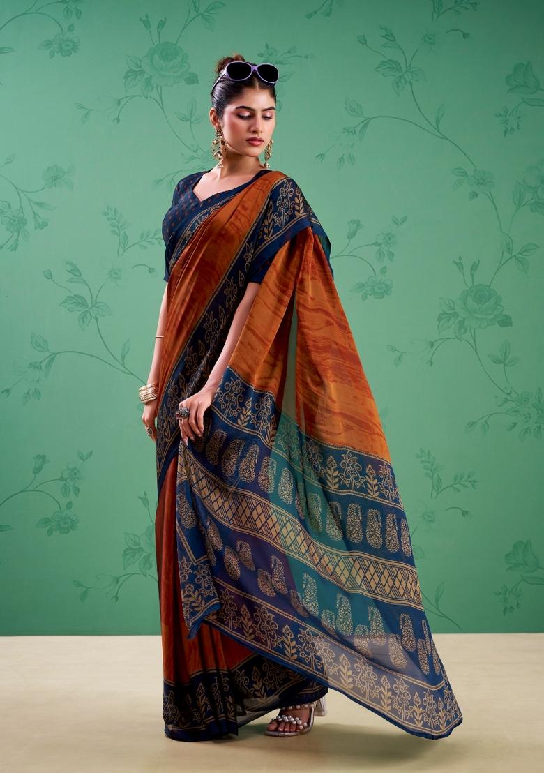 Orange Printed Silk Saree Set - Indya