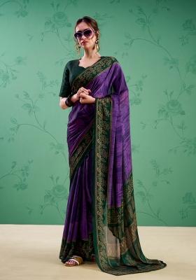 Purple Printed Silk Saree Set