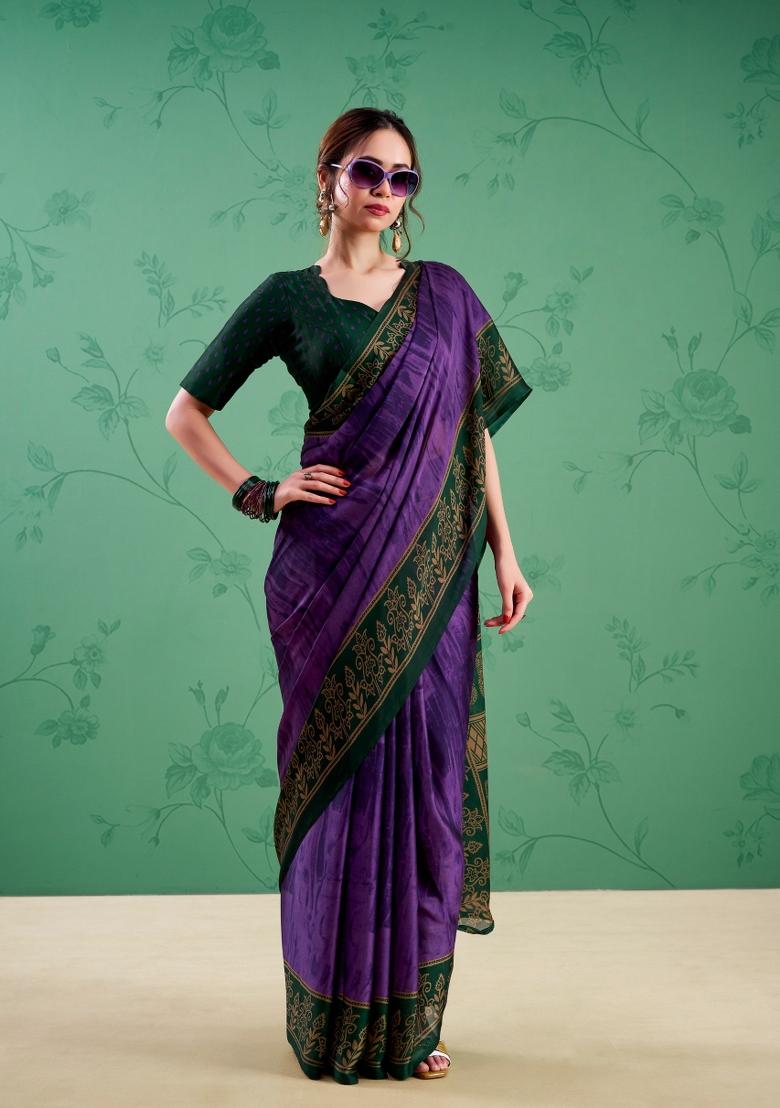 Purple Printed Silk Saree Set - Indya