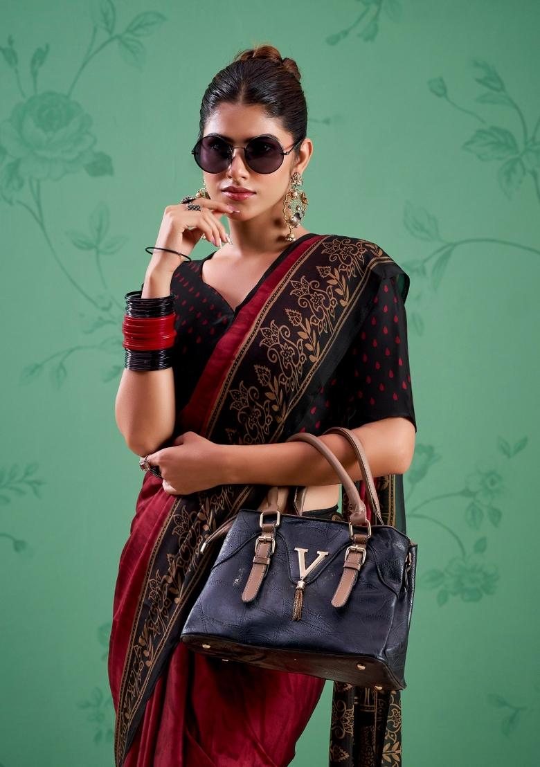 Maroon Printed Silk Saree Set - Indya