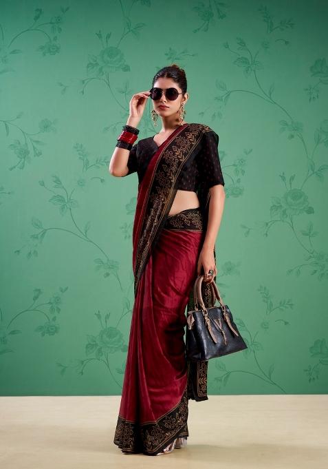 Maroon Printed Silk Saree Set
