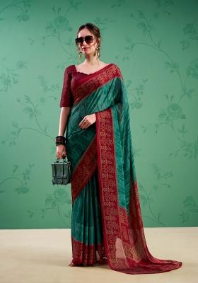 Teal Printed Silk Saree Set