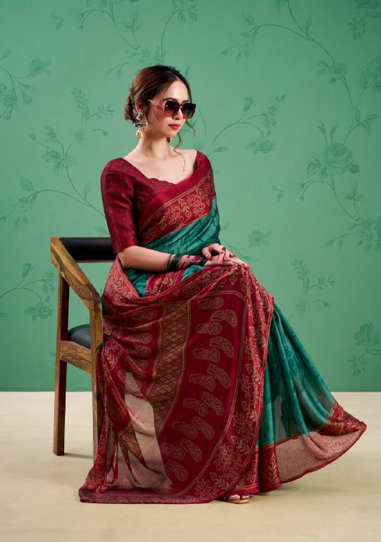 Teal Printed Silk Saree Set - Indya