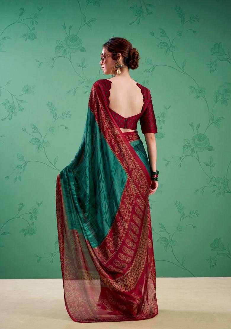 Teal Printed Silk Saree Set - Indya