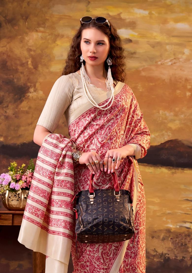 Light Maroon Printed Silk Saree Set - Indya