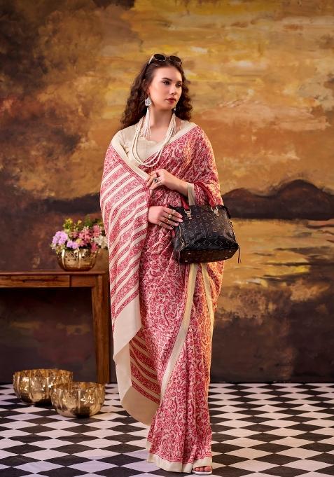 Light Maroon Printed Silk Saree Set