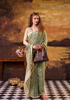 Green Printed Silk Saree Set