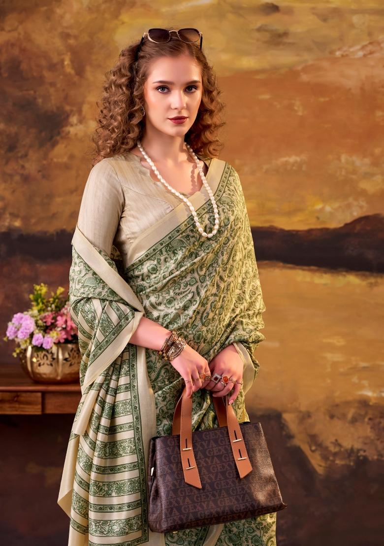 Green Printed Silk Saree Set - Indya