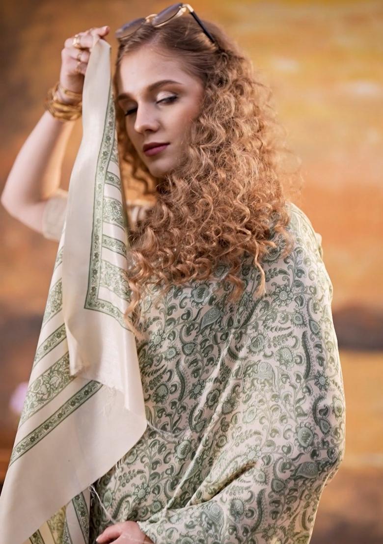 Green Printed Silk Saree Set - Indya