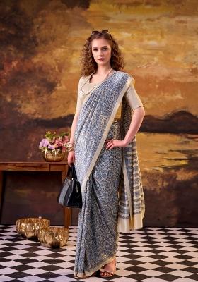 Blue Printed Silk Saree Set