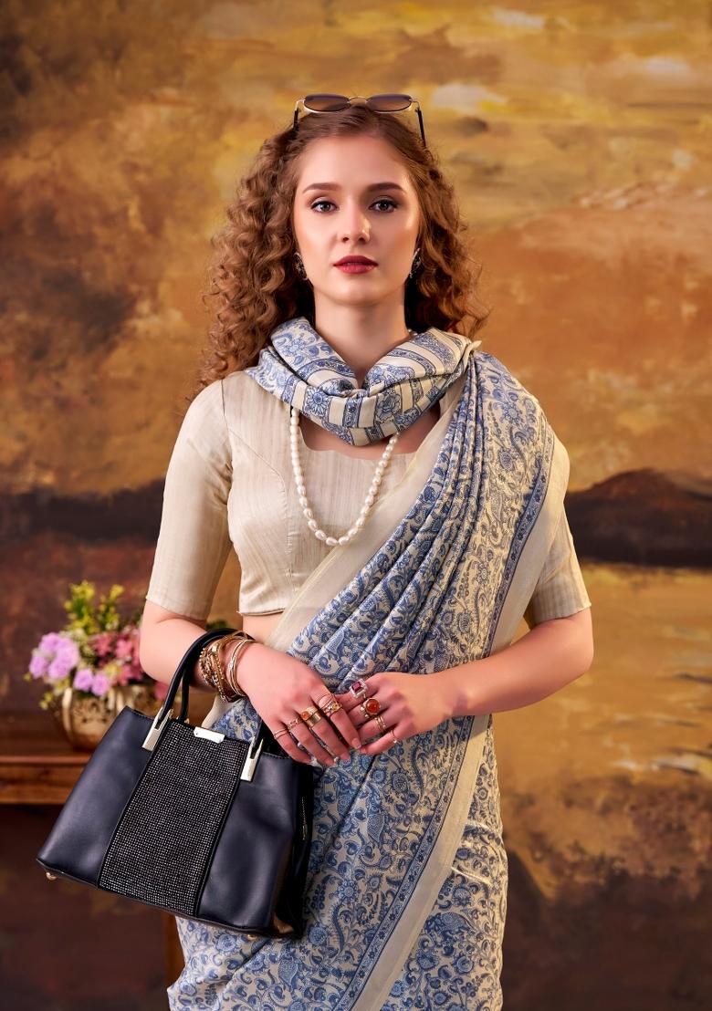 Blue Printed Silk Saree Set - Indya