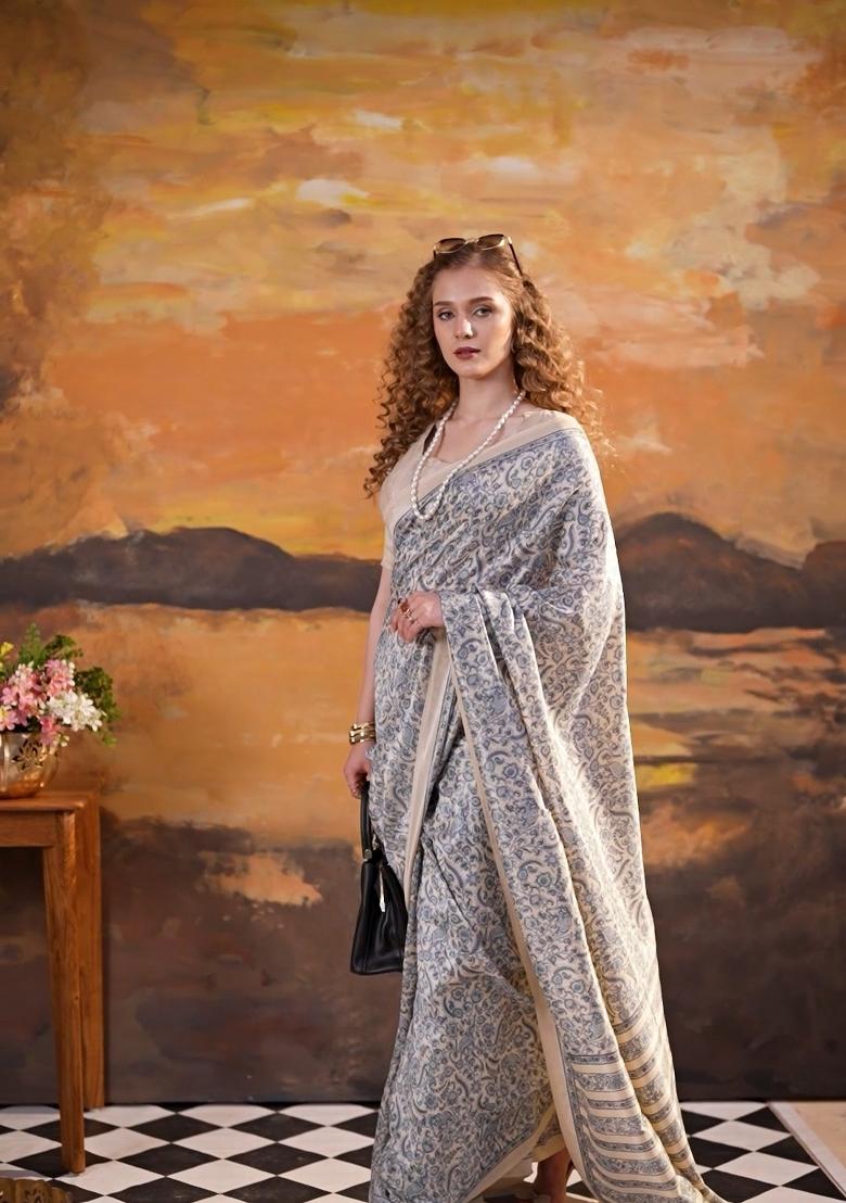 Blue Printed Silk Saree Set - Indya