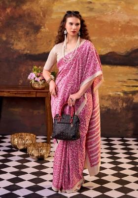 Pink Printed Silk Saree Set