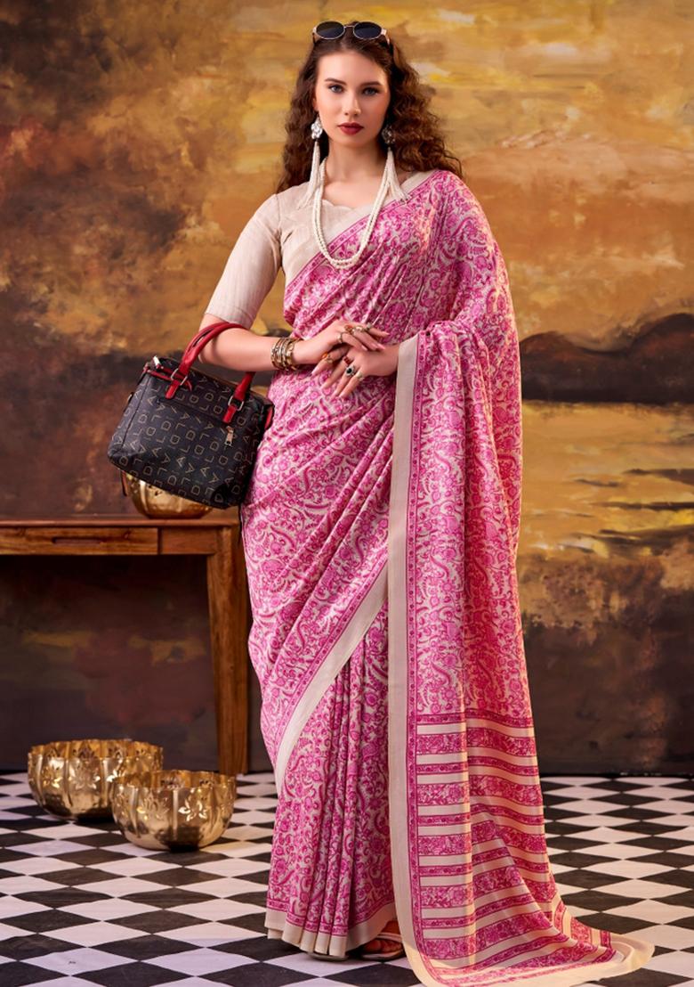 Pink Printed Silk Saree Set - Indya