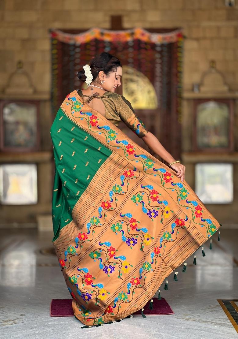 Green Zari Woven Silk Saree Set - Indya
