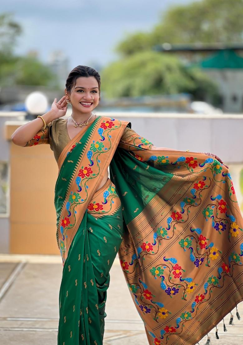 Green Zari Woven Silk Saree Set - Indya