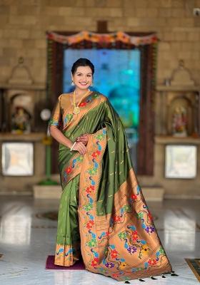 Mehendi Zari Woven Silk Saree Set