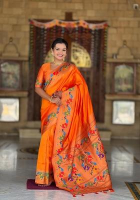 Orange Zari Woven Silk Saree Set