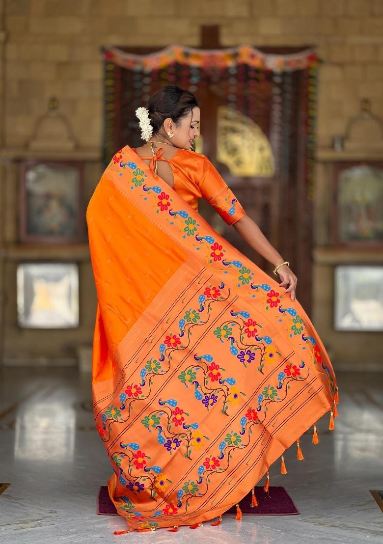 Orange Zari Woven Silk Saree Set - Indya