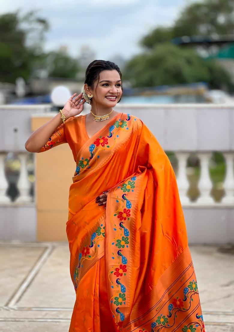 Orange Zari Woven Silk Saree Set - Indya