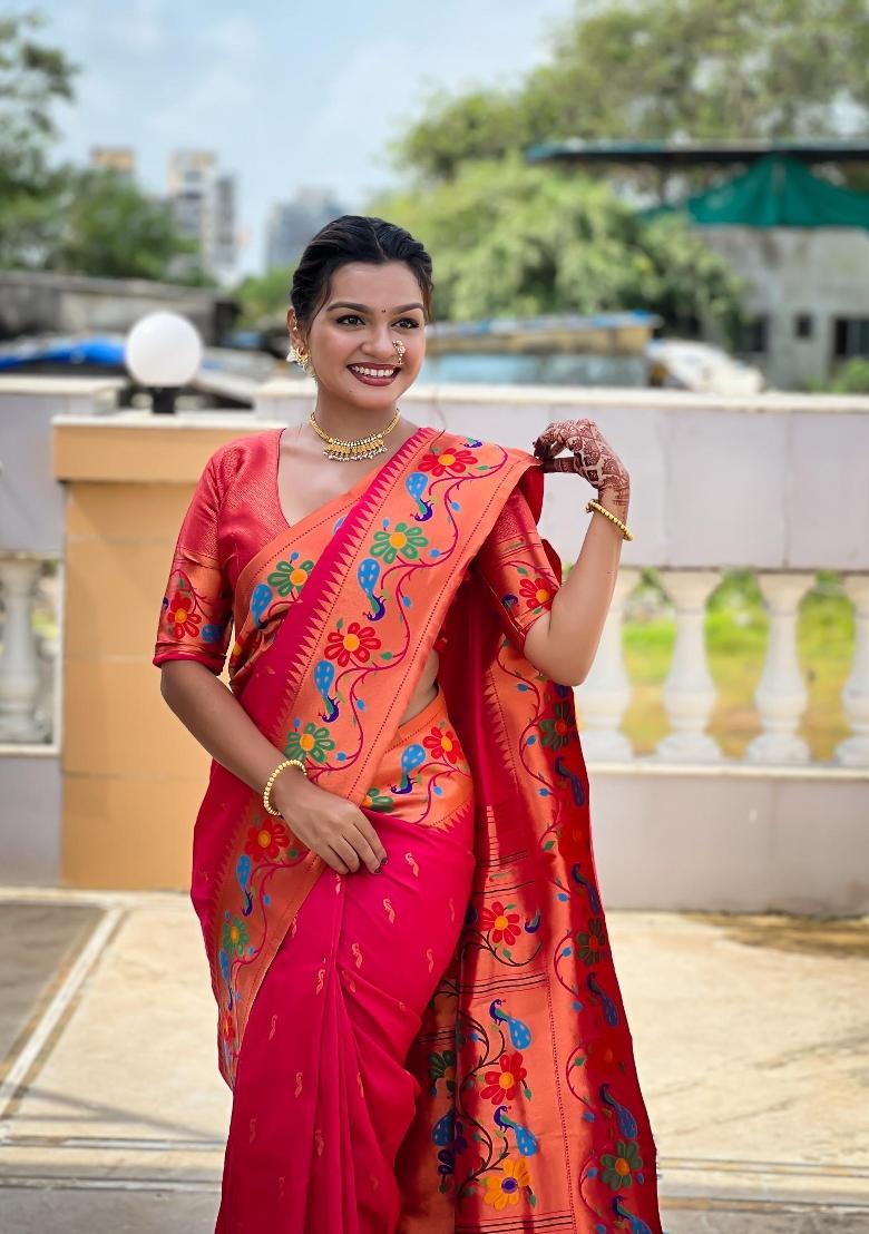 Pink Zari Woven Silk Saree Set - Indya