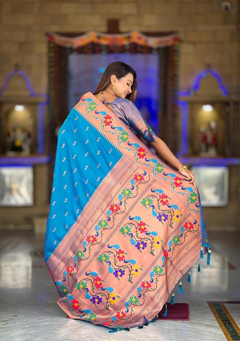 Sky Blue Zari Woven Silk Saree Set - Indya