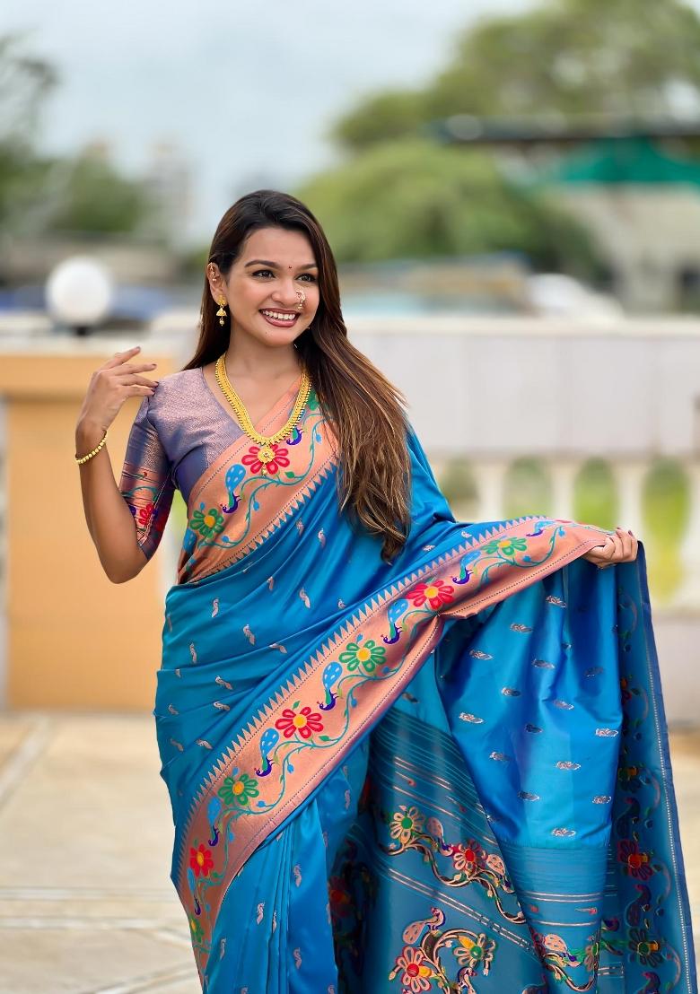 Sky Blue Zari Woven Silk Saree Set - Indya