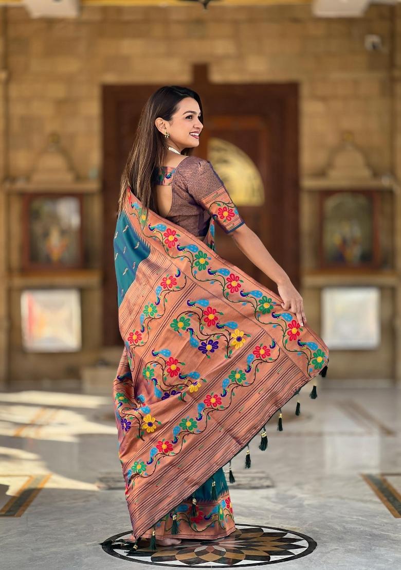 Teal Zari Woven Silk Saree Set - Indya
